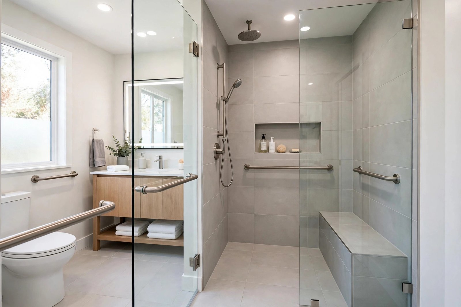 Curbless walk-in shower with built-in bench and grab bars