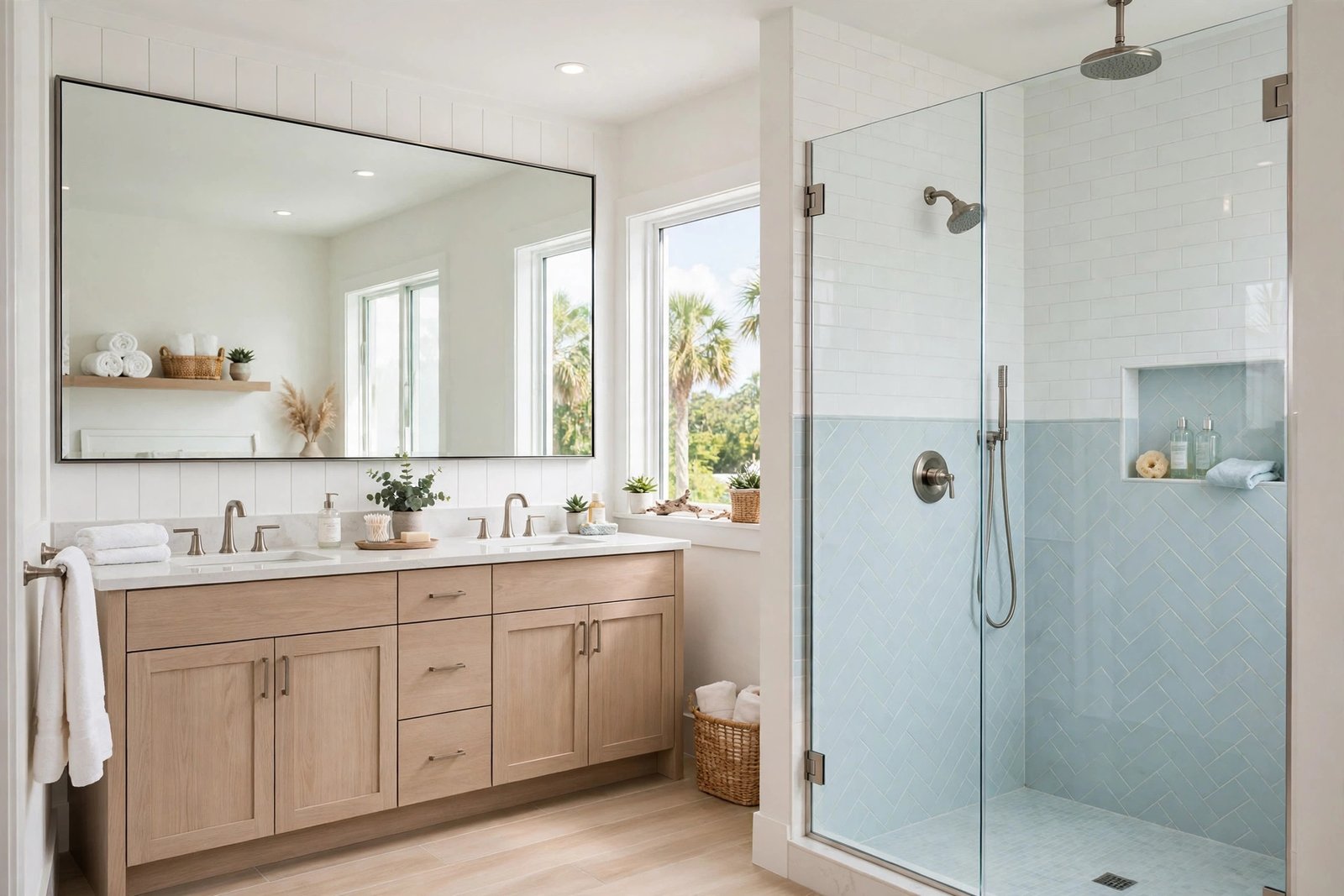 Bright remodeled bathroom in Port St. Lucie with walk-in glass shower and double vanity