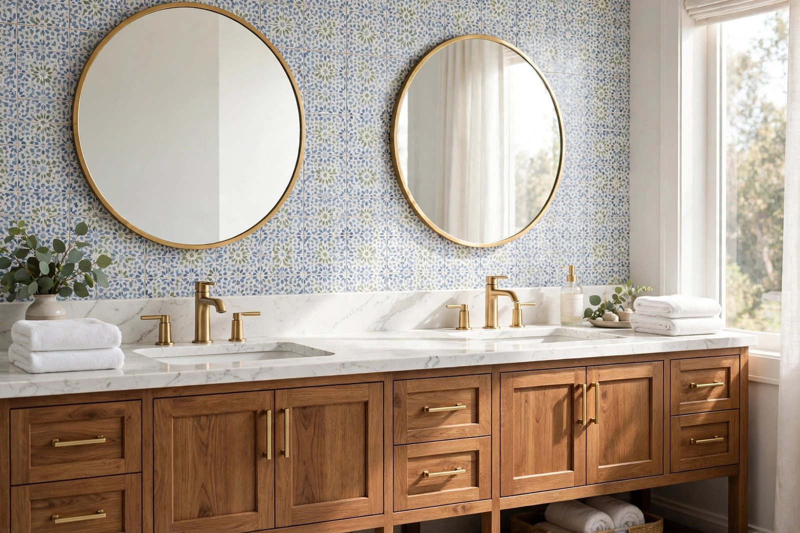 Double vanity with patterned tile wall and round mirrors