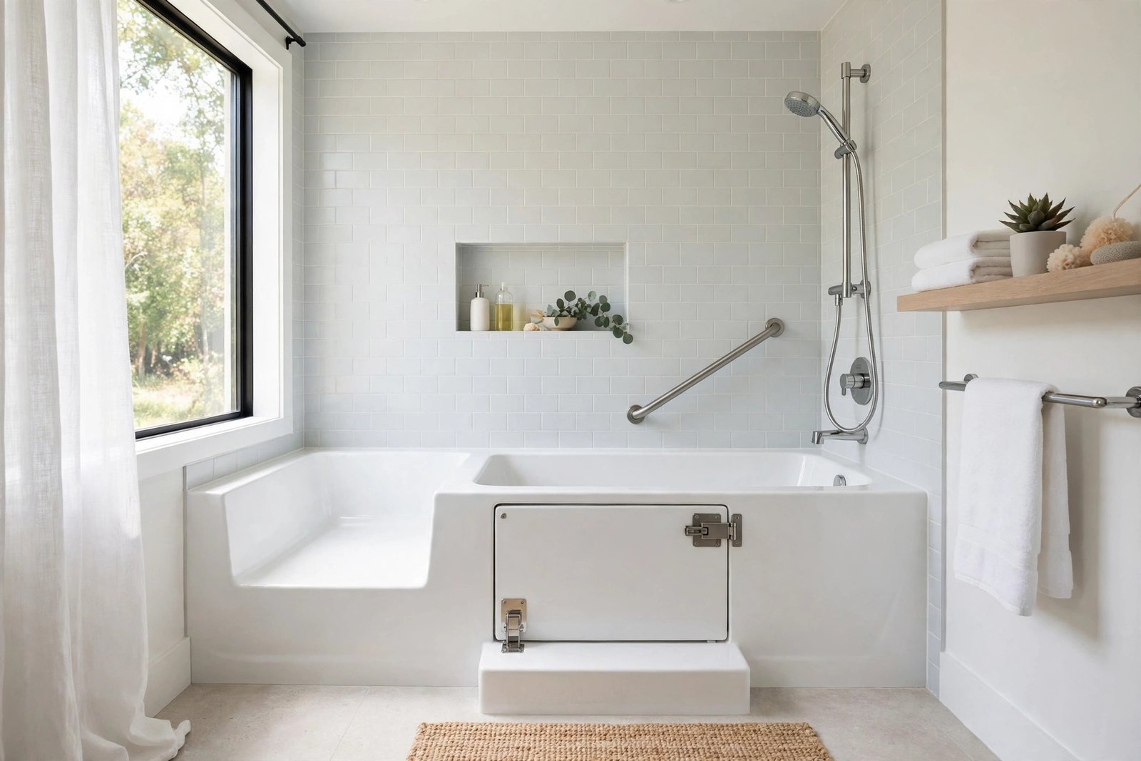 Walk-in bathtub with low step-in door and grab bar